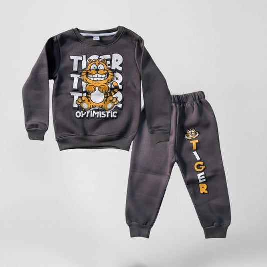 Children's gray sweatshirt and jogger set with tiger design on a light gray background
