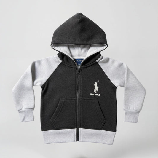 Children's hoodie with U.S. Polo logo on a light gray background