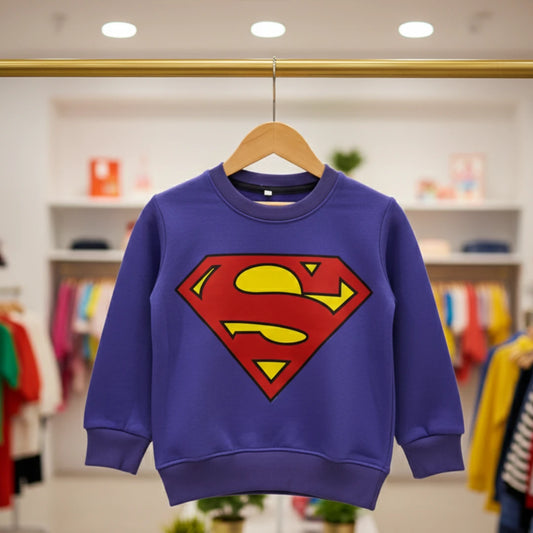 Purple sweatshirt with Superman logo on a hanger in a store setting