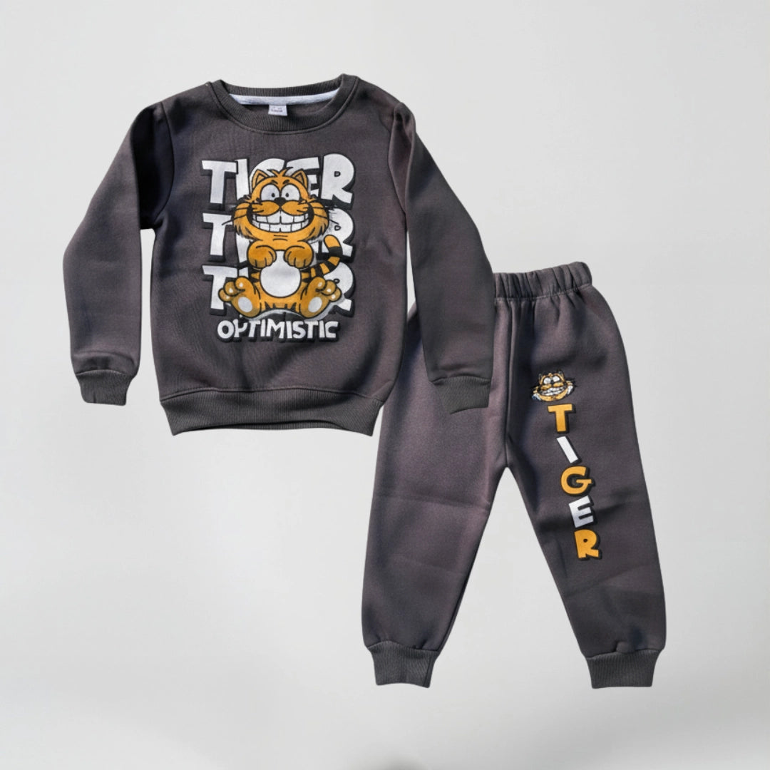 Children's gray sweatshirt and jogger set with tiger design on a light gray background