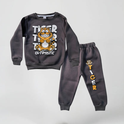 Children's gray sweatshirt and jogger set with tiger design on a light gray background
