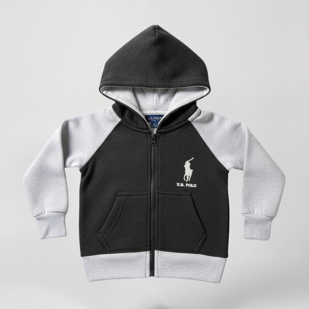 Children's hoodie with U.S. Polo logo on a light gray background
