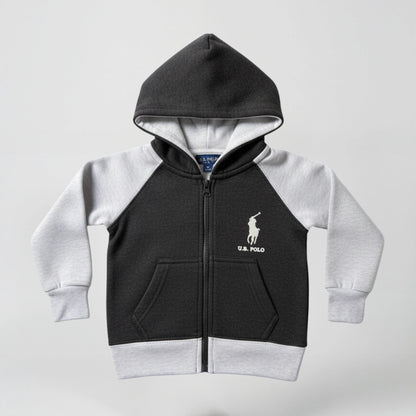 Children's hoodie with U.S. Polo logo on a light gray background