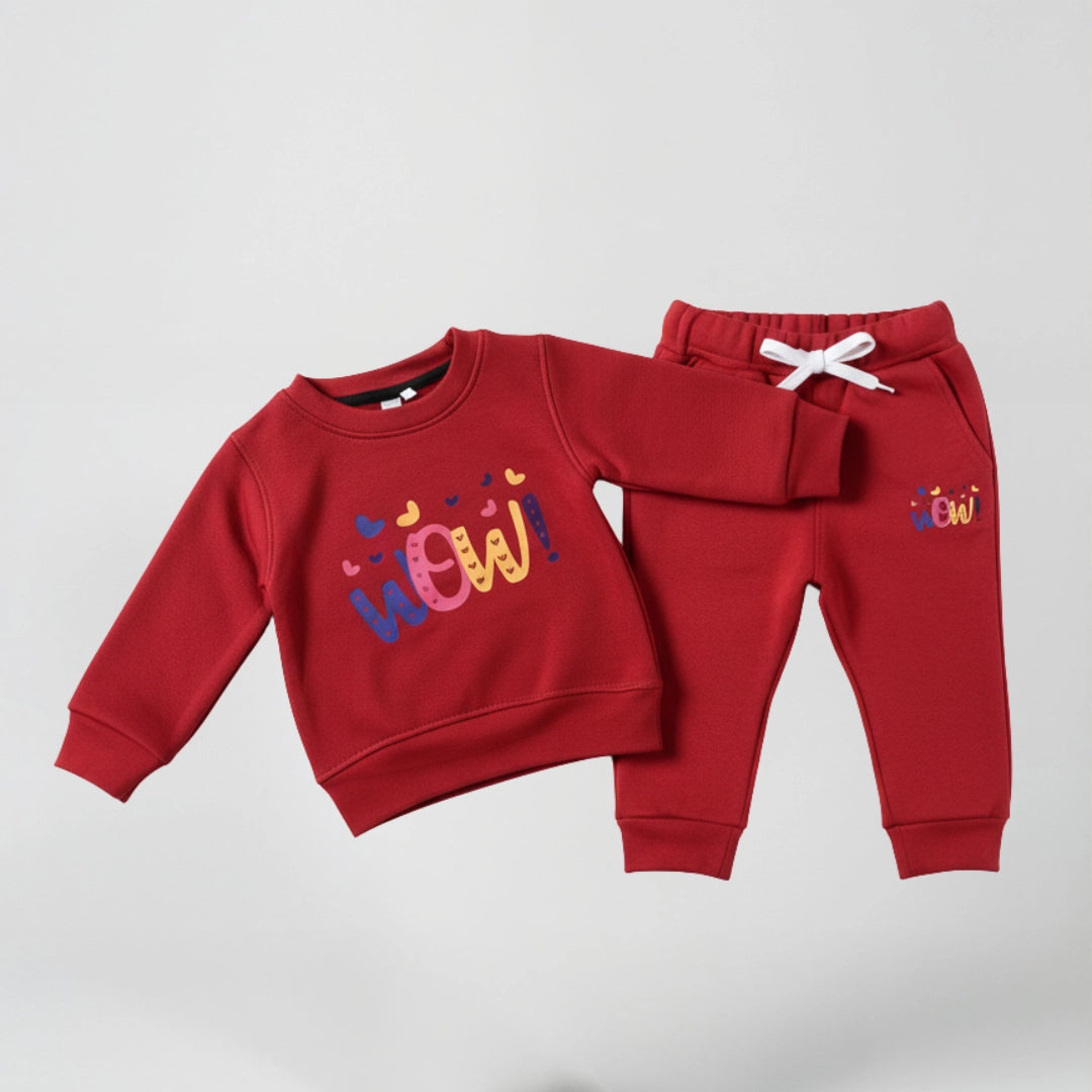 Red Two Piece Fleece set on a grey background