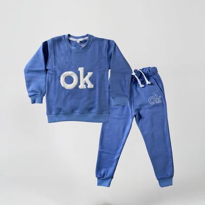 Boys Fleece 2-Piece “OK” Outfit | Cozy Winter Sweatshirt & Trouser Set for Kids