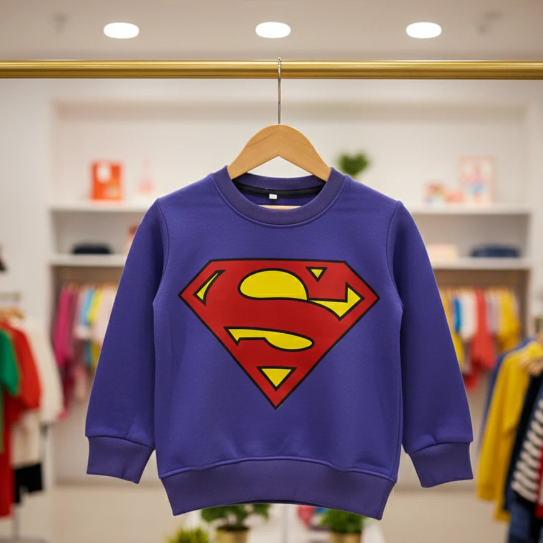 Purple sweatshirt with Superman logo on a hanger in a store setting