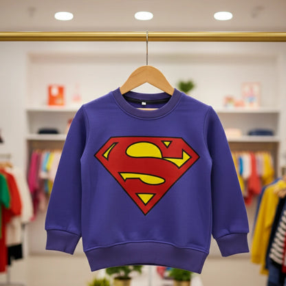 Purple sweatshirt with Superman logo on a hanger in a store setting