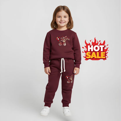 Girls Maroon Fleece Embroidered Two-Piece Winter Set (Sweatshirt + Trouser)