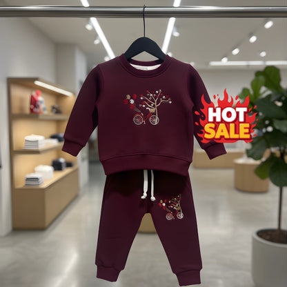 Girls Maroon Fleece Embroidered Two-Piece Winter Set (Sweatshirt + Trouser)