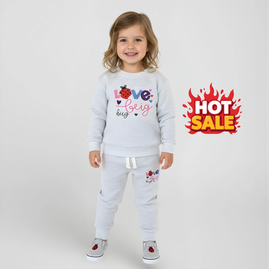 Baby Girls Light Grey Fleece Sweatshirt & Trouser Set – “Love Bug” Ladybug Print