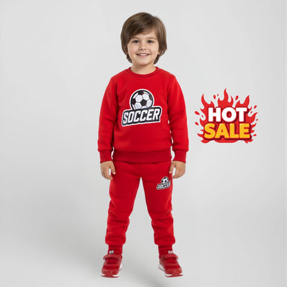 Boys Red Soccer Fleece Sweatshirt & Trouser Two-Piece Set – Winter Sports Outfit