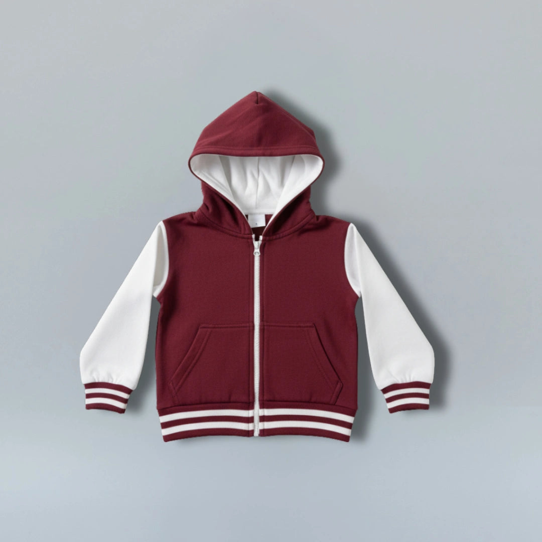 Maroon and white hoodie on a gray background