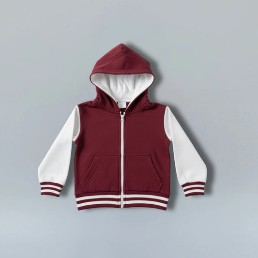 Maroon and white hoodie on a gray background