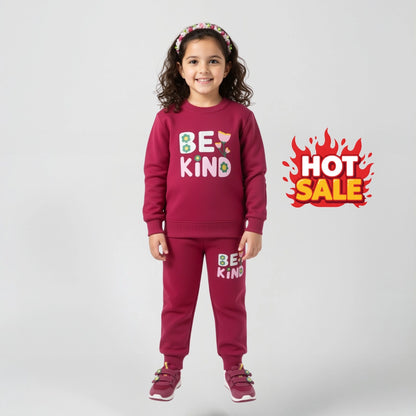 Girls Fleece 2-Piece “Be Kind” Outfit | Warm Sweatshirt & Trouser Set for Kids