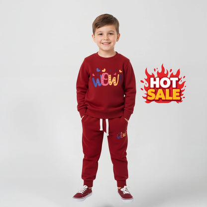 Boys and Girls Fleece 2-Piece “WOW” Outfit | Warm Sweatshirt & Trouser Set for Kids